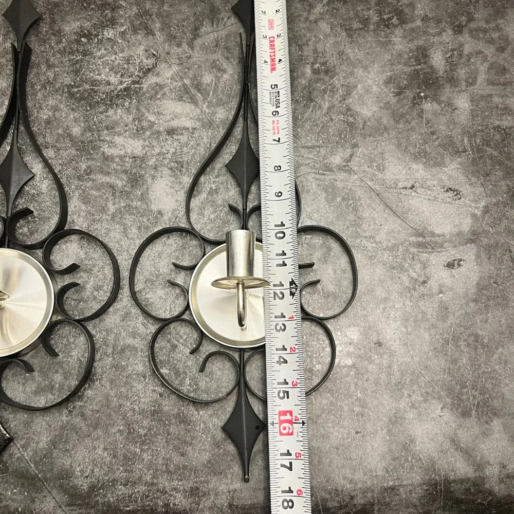 Vintage Mid-Century Modern Black & Chrome Scrollwork Candle Wall Sconce Pair